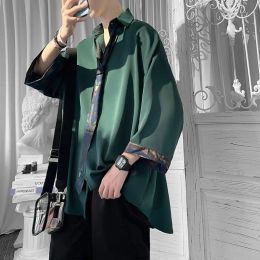 Frames eoenkky/halve mouw mannen solide shirts zomer casual oversized blouses donkergroen mode mannelijk vest vintage Koreaanse kleding