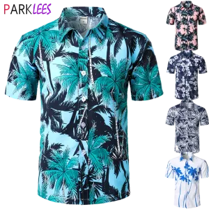 Frames Men's Holiday Casual Short Short Shirt Hawaiian Shirt Shirt Palm Palm Palm imprimé Tropical Aloha Blue Shirts Camisa Hawaiana