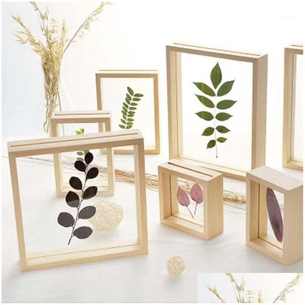 Cadres Style nordique feuilles de fleurs séchées bricolage plante pressée photo Double face verre cadre en bois décoration de la maison mur Art 1Pc1 goutte Otxad