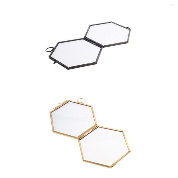 Marcos Piezas de 2 Moderno Colgante Hexágono Vidrio Metal Po Marco Decoración para el hogar Oro Cobre