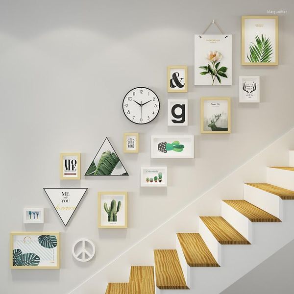 Cadres Po Mur Escalier Cadre Photo Ensemble Horloge Disposition Fleur Feuille Triangulaire Décor Suspendu Paquet De 17