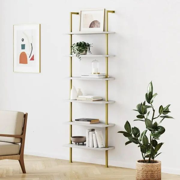 Frames Theo 6 Librería alta para montaje en pared, estantería de madera blanca con marco de metal de latón dorado, tarjetero Po Classeur pocards k 230928