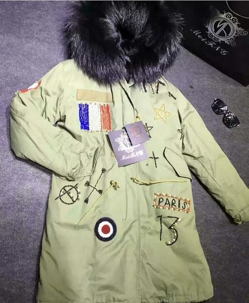 France drapeau perles femmes manteaux de neige noir fourrure de raton laveur garniture parka Meifeng marque fourrure de lapin noir doublure armée vert long parkas