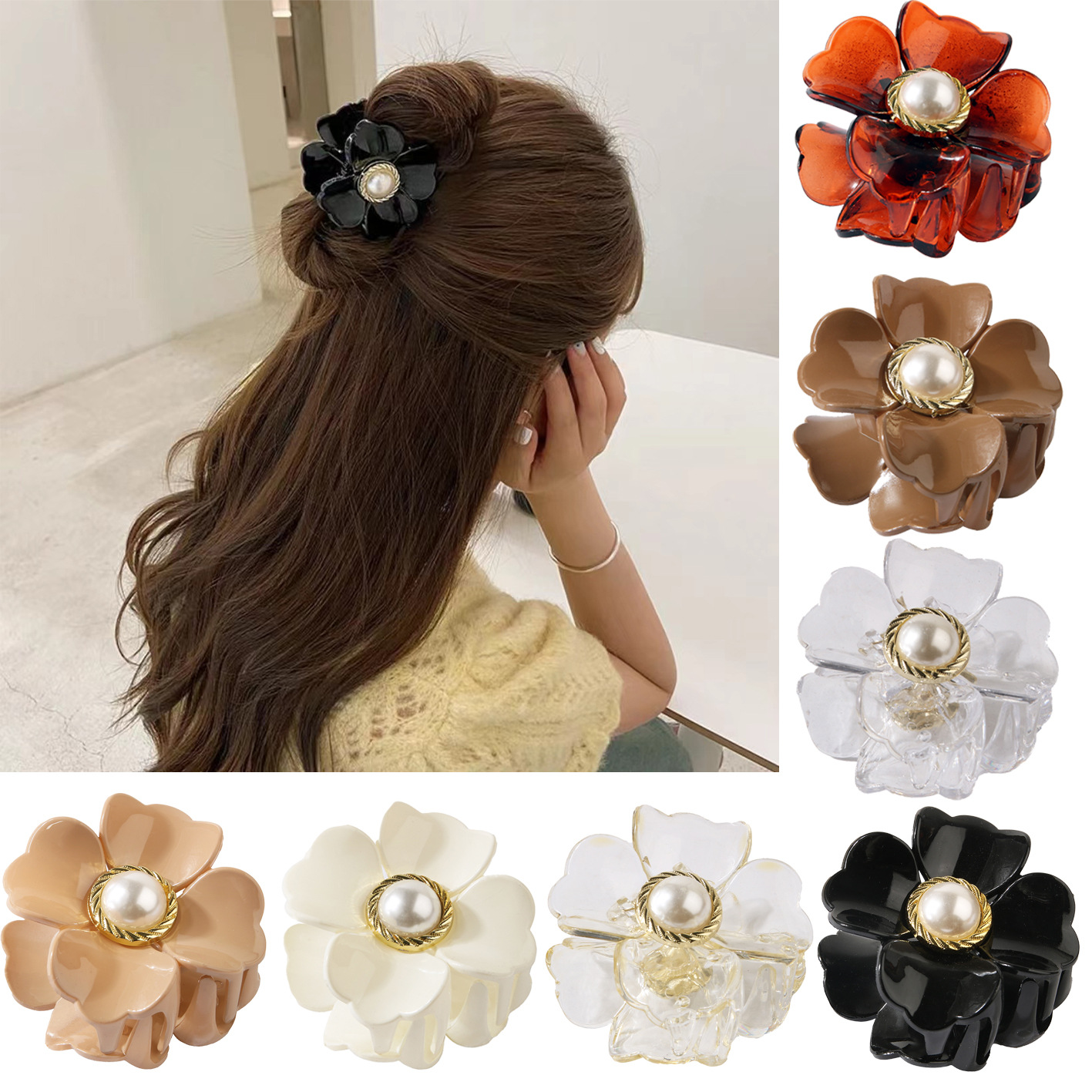 France Romantic Pearl Flower Shape Ribbon Hair Claw Clip for Women Girls Crab Hair Claws Ponytail Hairpins Bath Barrette Headwear S2018