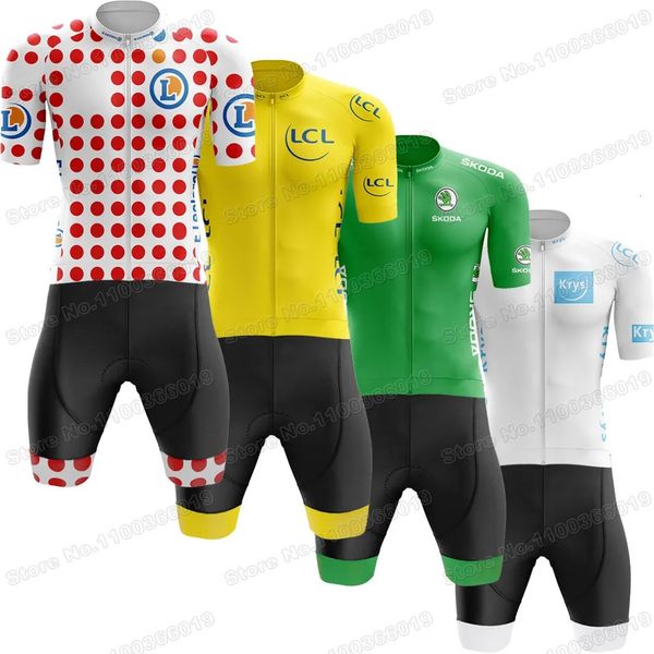 Francia TDF líder ciclismo Jersey conjunto amarillo verde blanco lunares ropa bicicleta de carretera camisa traje babero pantalones cortos Maillot 240113