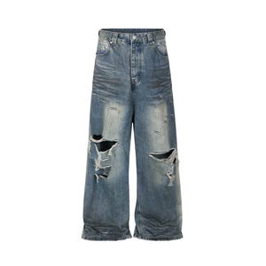 Frayed beschadigde gat baggy wide been jeans voor mannen en vrouwen streetwear casual denim broek oversized cargobroek