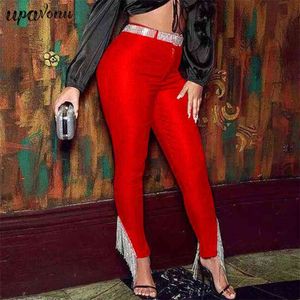 Gratuit 4 couleurs Top qualité crayon femmes pantalons cristal gland rayonne tricoté SexyClub pansement Vintage fête pantalon 210524