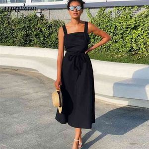 Free Black Elegant Strap Midi Dress Summer Women's High Waist Lace A-line Vacation Evening Party Vestido 210524