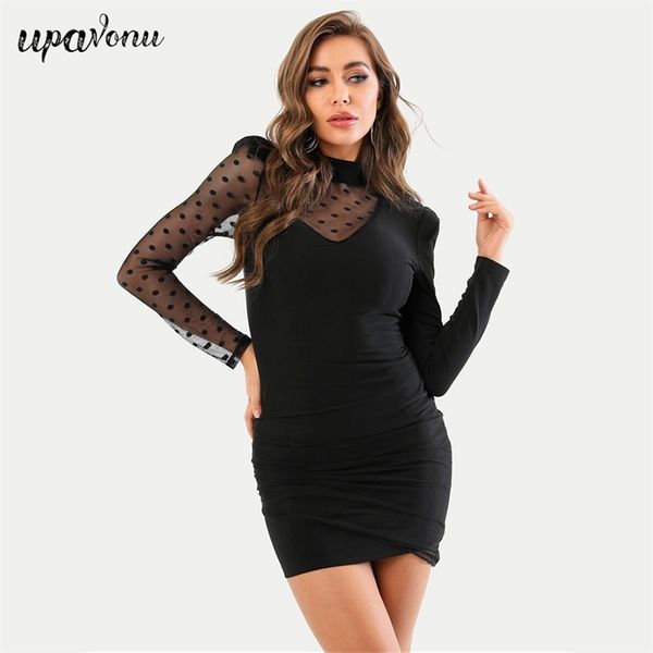 Vestido de malla negro gratis Mujeres Primavera Lunares Manga larga Bodycon Drapeado Club Fiesta de noche Vestidos 210524