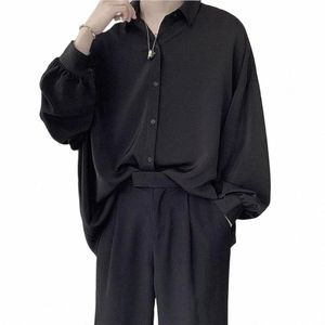Cravate noire gratuite Chemises à manches Lg Hommes Coréens Blouses confortables Casual Lâche Chemise à simple boutonnage Mens Tshirt Harajuku j0vA #