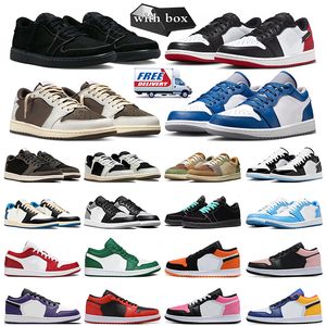 Box gratuit Jumpman 1 Low Men Basketball Chaussures 1s bas Mens Trainers Femme Sneakers Black Phantom Olive Revers Mocha True Blue Panda Womens Sports Outdoor