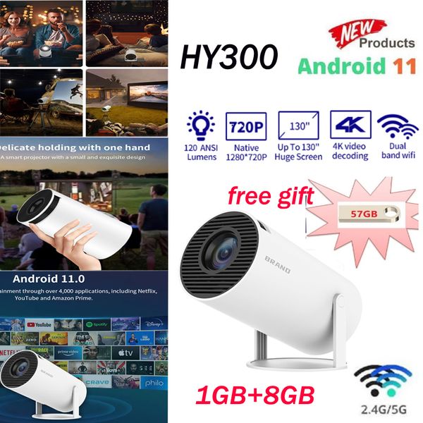 GRATUIT PAR DHL/UPS HY300 Android 11.0 Mini projecteur portable 1 Go de RAM 8 Go ROM 2.4G/5G Wifi BT4.1 1280*720dpi 120 Ansi Lumens Home Cinema Proyector vs XNano X1 mini projecteur