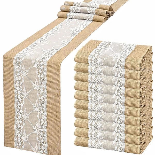 Gratis por UPS 10 piezas 30x275 cm camino de mesa de yute arpillera encaje rústico arpillera para decoraciones de fiesta artesanal de boda 240307