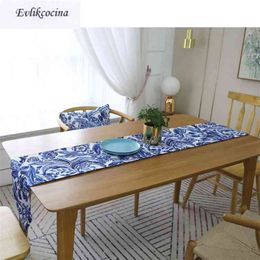 Gratis Chinese stijl blauwe bloemen tafel runner decoracion mesa Hogar katoen linnen chemin de tafelloper voor party 210628