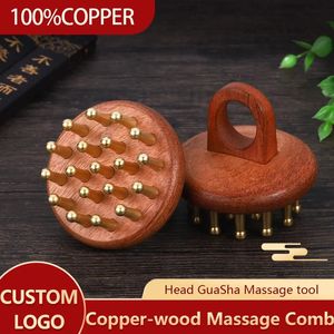 Peigne de massage des méridiens de tête personnalisé gratuit, en bois de cuivre, dent fine, aiguilletage du cuir chevelu Guasha, relaxation 240313