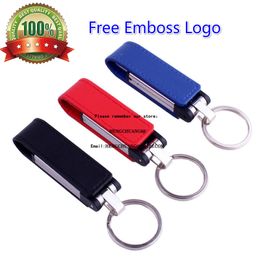 Gratis Custom Logo Metalen Leer Keychian USB Flash Drive Memory Stick Bont Pendrive 4 GB 8GB 16 GB 32GB 64 GB Emboss Artwork Gift U Disk 128 GB