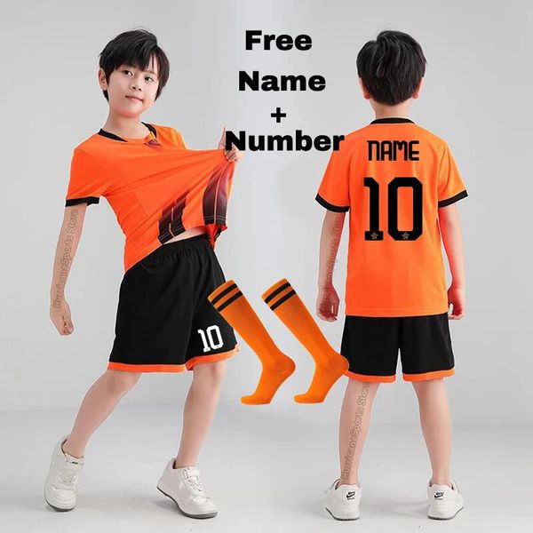 Numéro personnalisé gratuit 099 Orange t-shirt de Football pour enfants Shorts garçons maillot de Football ensembles étudiant Football vêtements Sport 240320