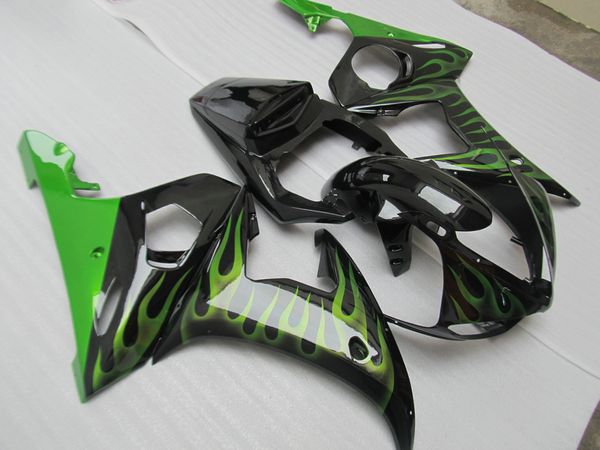 Kit de carenado personalizado gratuito para Yamaha YZF R6 03 04 05 juego de carenados negros con llamas verdes YZF R6 2003 2004 2005 OT30