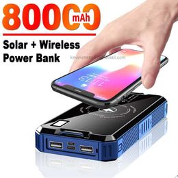 Gratis aangepast LOGO 30000mAh Solar Wireless Power Bank Hoge capaciteit draagbare externe batterij met LED-zaklamp Outdoor Travel voor IPhone Xiaomi