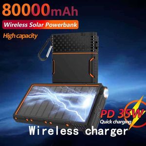 Gratis aangepaste LOGO 80000 mAh draadloze zonne-energiebank met super LED-verlichting Grote capaciteit mobiele powerbank Draagbare externe batterij voor iPhone