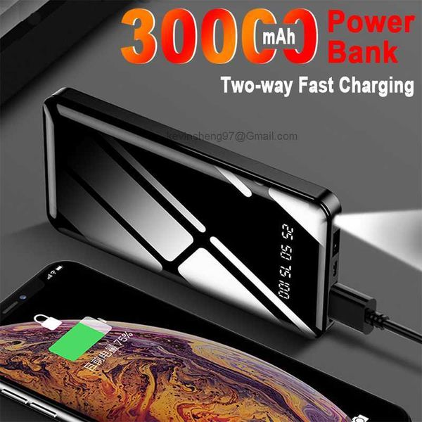 LOGO personnalisé gratuit Banque de puissance de charge rapide bidirectionnelle 30000mAh Chargeur d'affichage numérique portable avec lampe de poche 2USB Batterie externe pour Xiaomi