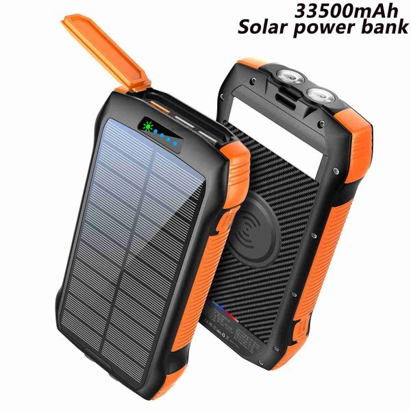 LOGO personnalisé gratuit chargeur rapide sans fil banque d'énergie solaire extérieur petit portable batterie téléphone portable usage domestique universel lampe de camping lumière 33500mA