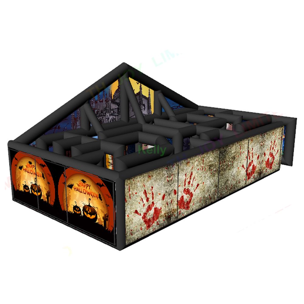 Gratis leverans utomhusaktiviteter 10x5x2mh jätte halloween skrämmande tryck uppblåsbar labyrint tagg spökhus till salu