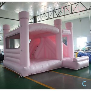 Entrega gratuita actividades al aire libre 4.5x4m (15x13.2ft) Con soplador Casa inflable para bodas, castillo inflable personalizado de color rosa pastel con tobogán para fiesta de cumpleaños