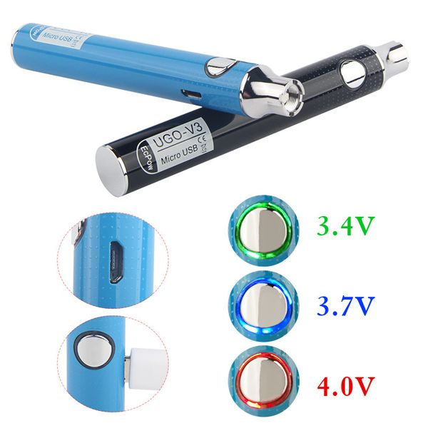 DHL gratuit Authentic EVOD 510 Batterie de filetage Vape Pen Ugo V3 Valtion Valtion Voltage Voltage Kits Micro USB Passthrough V II 2