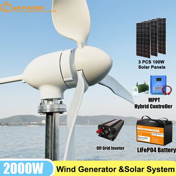 Energía libre de 2000W 48V Volt Turbinas eólicas horizontales Generador de viento Windmil con paneles solares inversores de controlador MPPT