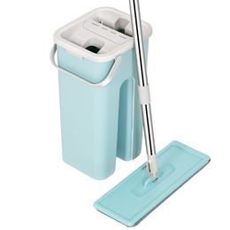 Lavado de manos gratis plano con cubo 360 giratorio Magic Squeezing Floor Cleaner Mop Herramienta de limpieza del hogar 210317