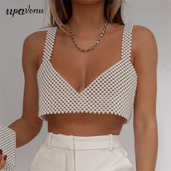 Free High Street Deep V Neck Pearl Vest Femmes Mode Crop Top Dames Blanc Sans Manches Sexy Club Tank Blusas 210524