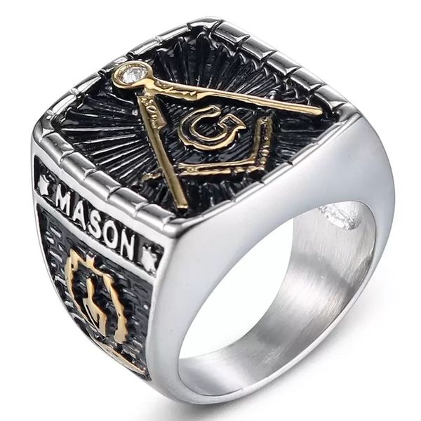 Masones libres Anillos masónicos de acero inoxidable Negro Retro Plata Brújula dorada Cuadrado Anillo de sello masónico Asociación fraternal de masonería Joyería para hombres