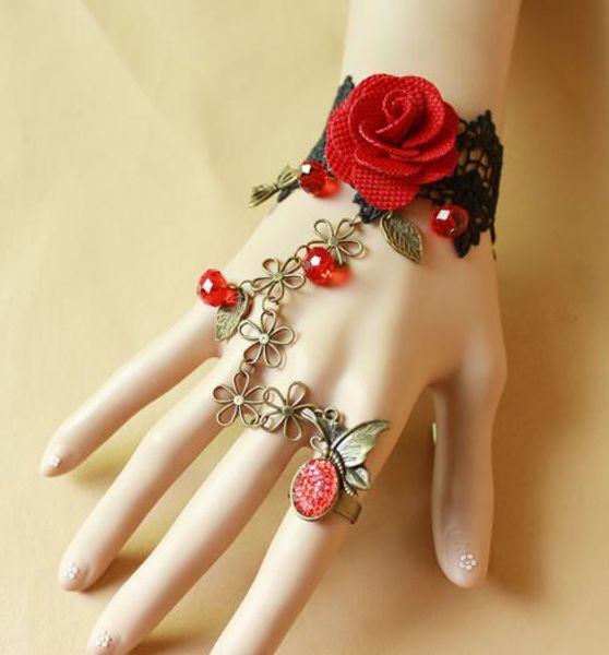 gratuit nouvelle mode européenne et américaine vintage papillon dentelle noire rouge rose dame bracelet bande anneau intégration de la mode classique délicate