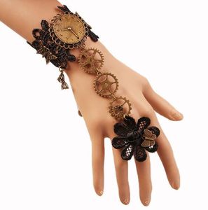 Gratis nieuwe mode vintage zwarte kant armband dames stoommachine versnelling hand ornamenten band ring stijlvolle klassieke elegante