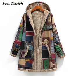 Gratis struisvogel vrouwelijke jas fleece jas vrouwen winter warm uitloper print capuchon pockets oversize jassen plus size n30 201017