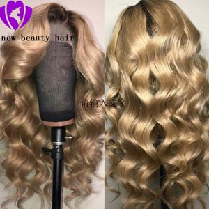 GRATIS DEEL 180% Dichtheid Ombre Kant Front Pruik Synthetische Diepe Golvende Krullend Dark Roots Honey Blonde Braziliaanse Haar Pruiken voor Zwarte Vrouwen