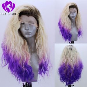 Partie libre haute température fibre blonde ombre violet perruque Peruca Cabelo 360 frontale longue vague d'eau pleine perruques de cheveux synthétique avant de lacet perruque