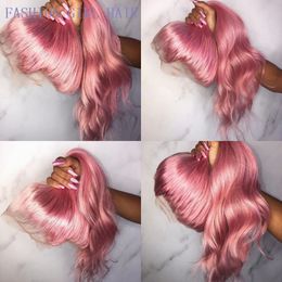 Freier Teil Kylie Jenner Style Body Wave Synthetik Full Lace Front Pink Perücke Natürlicher Haaransatz Hitzebeständige Faser Glueless Perücken für Frauen