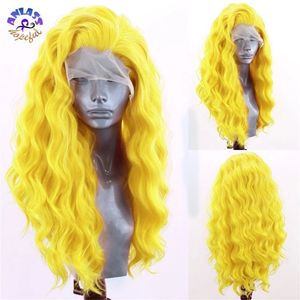 Partes libres de encaje húmedo y ondulado pelucas delanteras Cabello sintético Peluces de olas de agua de color amarillo para mujeres Cosplay/ fiesta
