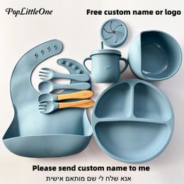 Assiette de vaisselle de dessin animé avec nom personnalisé gratuit pour bébé, vaisselle en Silicone, bol à ventouse, plateau de nourriture, tasse à bec, cuillère, articles pour bébé 240322