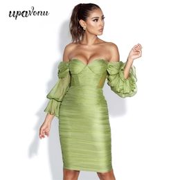 Gratis Sexy Dames Jurk Groene Kaart Schouder Lantern Sleeve Tulle Gedrapeerde Bodycon Celebrity Club Party Vestido 210524