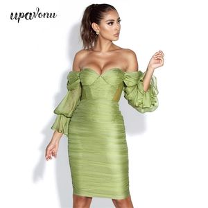 Dress Sexy Dress Green Card Green Epaule Lanterne Sleeve Tulle Drapé Bodycon Celebrity Club Party Vestido 210524