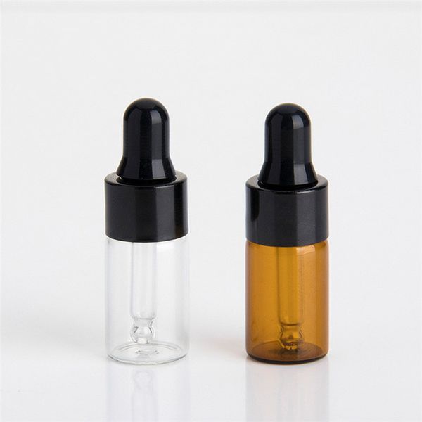 Bateau gratuit 1 ml 2 ml 3 ml 5 ml ambre clair petite bouteille d'huile essentielle en verre avec couvercle compte-gouttes en aluminium noir, testeur d'échantillon de verre tubulaire bouteille d'huile de parfum en gros