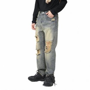 Free Ship 2022 Seass New Mid Taille Ripped Raw Edge Straight Jeans Vintage Distred Pantalons décontractés 93Qa #
