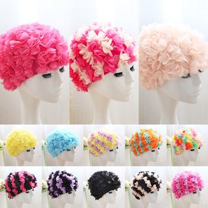 Bonnet de bain pour femmes, taille libre, Double fleur 3D, Protection des oreilles, perles, offre spéciale