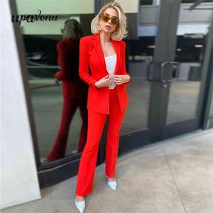 Free Spring Women's Red Blazer Set Elegante con cuello en V manga larga Blazerflared Pants 2 Two-piece Runway Party 210524