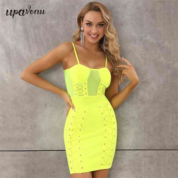 Livre verão feminino amarelo bandage vestido sexy sling sem mangas bodycon tie clube noite festa vestidos 210524