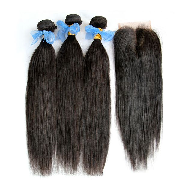 Bundles de tissage de cheveux vierges brésiliens et fermeture en dentelle supérieure non transformés 8A Extensions de cheveux humains Remy droites brésiliennes avec fermetures 4Pcs