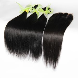 9A Lace Closure avec 3 Bundles Brésilien Péruvien Malaisien Indien Vierge Raides Cheveux Humains Tisse 100% Non Transformés Remy Extensions de Cheveux